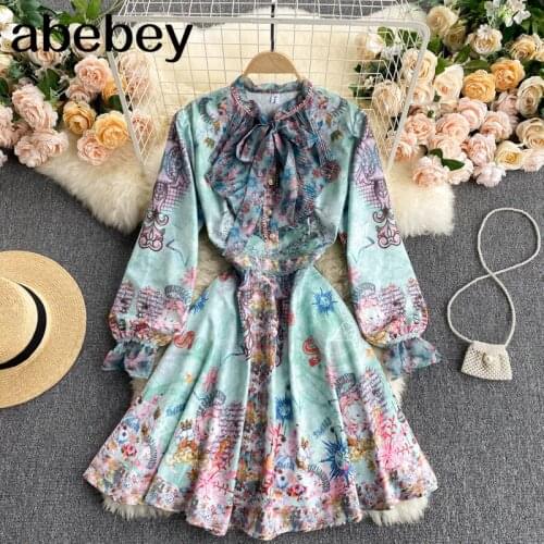 Women Court Wind Print Dress Korean Bow Collar Long Sleeve A-line Dresses Spring Casual Retro Streetwear Midi Dress