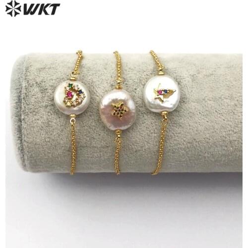 WT-MB113 Natural Freshwater Pearl Bracelet With Cubic Zirconia Pave Star /Heart/Meteor Shape Bracelet Adjustable Charm Bangle