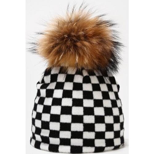 2021 New Fashion Leopard Zebra Plaid Cow Print Wool Knitted Hats Beanies Winter Real Raccoon Fur Pompom Hat For Women