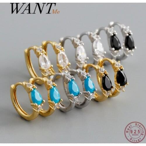 WANTME Fashion Bohemian Blue Black Geometric Zircon Stud Earrings for Women Genuine 925 Sterling Silver Charming Unisex Jewelry