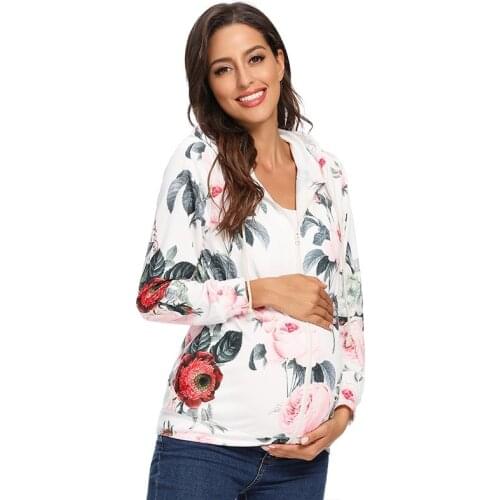 Womens Pregnant Floral Slim Fit Casual Full-Zip Hoodie Maternity Clothes Lightweight Long Sleeve Sweatshirt Waist Pocket