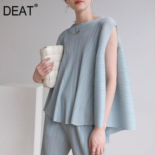 DEAT Women Loose Pleated Sleeveless T-shirt Solid Lrregular Bandage Round Neck Beach Style Loose 2021 Summer Fashion 15HT285