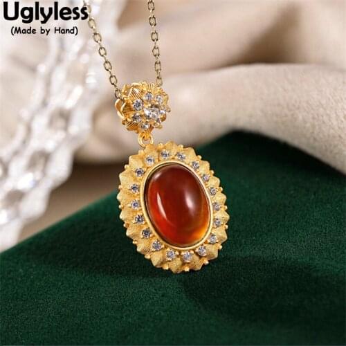 Uglyless Sparkly Zircons Crystals Necklaces for Women Tempting Red Garnet Pendants NO Chains Gold 925 Silver Flowers Jewelry
