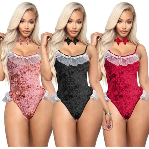 Women Velvet Jumpsuit Sexy Strapless U-Neck Jumpsuit Skinny Bodysuit Lady Sexy G-String Nightwear Exotic Apparel