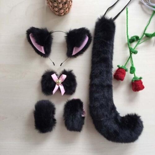 Women Girls Anime Cat Fox Cosplay Costume Set Plush Ears Headbands Tail Neck Tie Halloween Maid Accessories