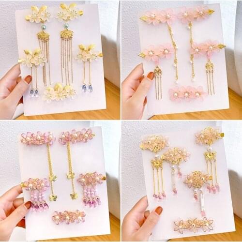 5pcs/set Pink White Flower Crystal Pearls Hair Clips Vintage Chinese Style Hairpins Jewelry Women Girls Hanfu Dress Headpieces
