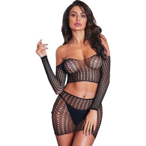 Fishnet Long Sleeve Crop Top Skirt Set Women Sexy Slash Neck Off Shoulder Long Sleeve Crop Top Short Skirt Lingerie Babydoll Set