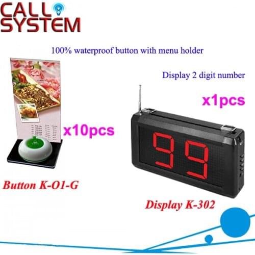 Wireless Call Bell System K-302+O1-G+H for restaurant with 1-key call button with menu holder and display DHL free Shipping