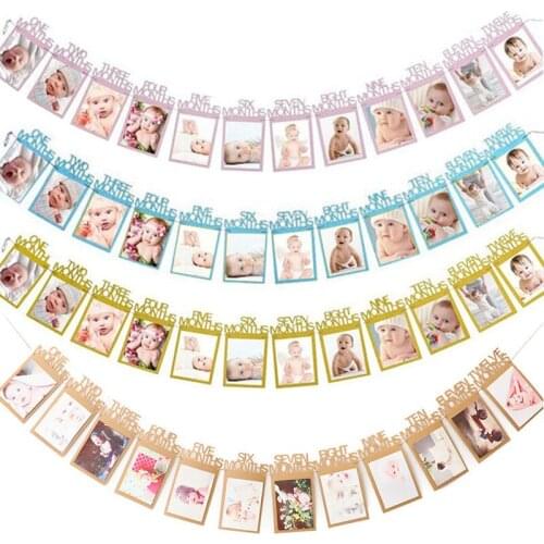 Chicinlife 1Set 12 Months Photo Frame Banner Birthday Party Baby Shower Boy Girl 1st Birthday Photo Bunting Decoration Supplies