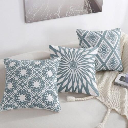 Home Decor Emboridered Cushion Cover Blue Geometric Canvas Pillow Case Cotton Suqare Embroidery Pillow Cover 45x45cm