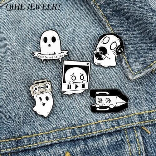 Happy Boo Enamel Lapel Pins Singing Music Ghostly Characters Brooch Badges Halloween Jewelry Gifts Men Women Kids