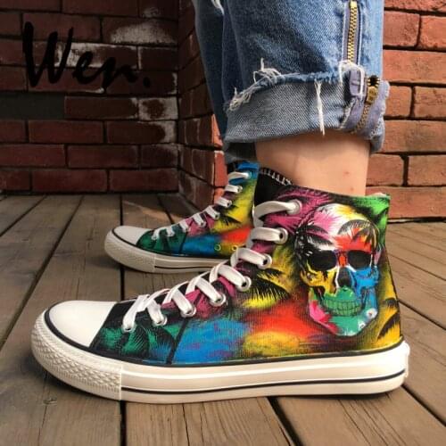 Wen Black Skate Shoes Canvas Multicolored Decoration Skull Coconut Palm Tree Design Custom High Top Unisex Hand Painted Sneakers