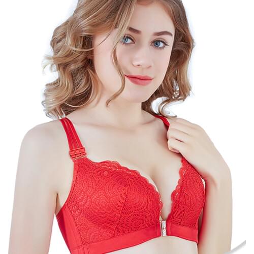 Innovative front buckle design Lace texture is beautifully graded. Crossed shoulder straps are rich in design