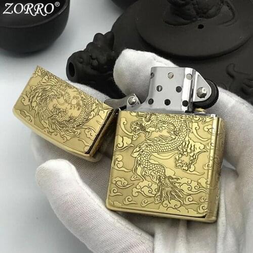 Zorro Kerosene Lighter Pure Copper Brass Carving Kucky Cloudy Dragon Classic Pattern Gasoline Lighter Men Gift Outside Tool