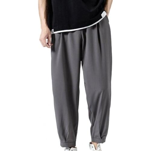 Summer Men Solid Color Stylish Pants Ankle-length Smooth Ankle Tied Oversize Wide Leg Long Pants Sweatpants Casual Trousers