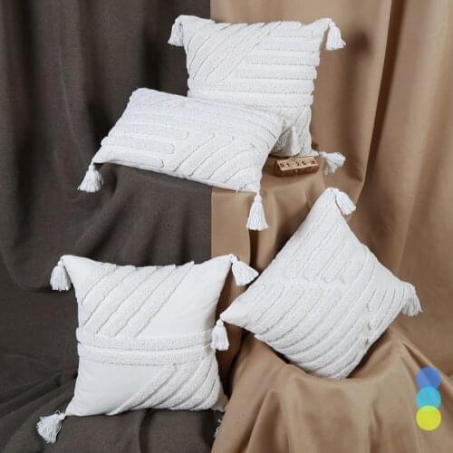 American Modern Minimalist Pure White Tassel Decorative Design Geometric Pattern Blended Sofa Cushion Cover for Household Docor