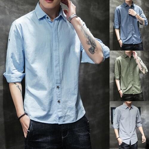 New Mens Long Sleeve Shirts Summer Men 3/4 Sleeve Lapel Collar Casual Solid Color Cotton Linen Slim Shirt Male Loose Shirts 4XL
