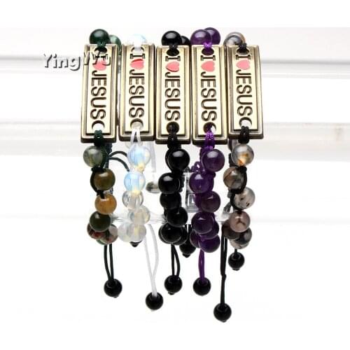 Yingwu I Love Jesus Natural Stones Beads Charm Bracelet Cuff Braided Wrap Bracelet & Bangles Fashion For Women Men Gifts