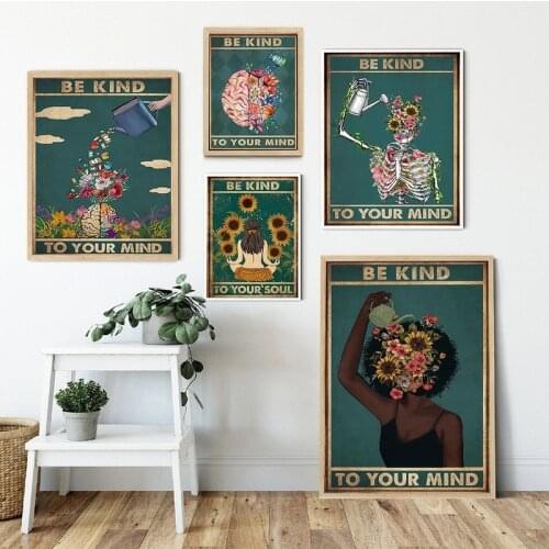 Black Girl Mental Be Kind To Your Mind Canvas Painting Posters Prints Wall Art Positive African Woman Vintage Picture Home Decor