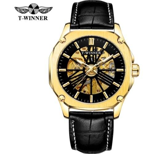 WRG8182M3 T-Winner Mens Sport Menchanical Self-Winding Analog Skeleton Popular Style Wristwatch wite Genuine Leather Strap
