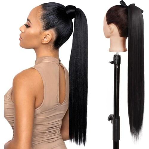 XINRAN Womens Ponytail Long Wavy Hair Extension Clip In Pony Tail Wrap Around Black Blonde Synthetic Heat Resistant Fiber