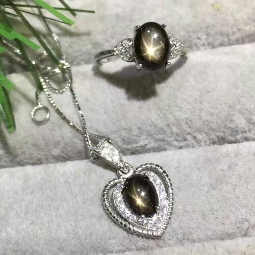 Natural Starlight black sapphire stone jewelry sets natural gemstone ring Pendant S925 silver Fashion Romantic heart party fine