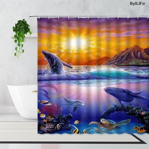 Color Sky Sea Turtle Shark Pattern Shower Curtains Beautiful Waves Dolphin Ocean Animal Bathroom Decor Waterproof Bath Curtain