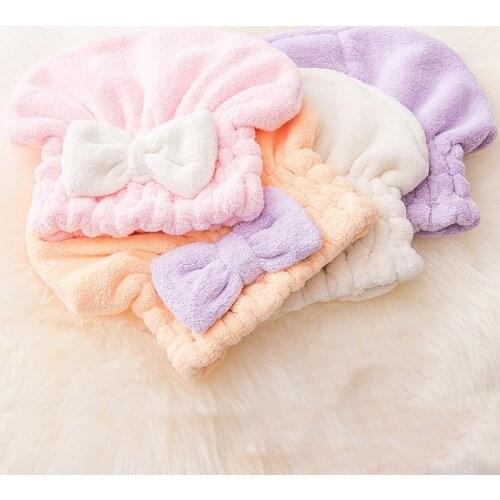 Adult Quick Drying Hair Shower Cap Bath Head Hat Towel Bow tie Women Strong Absorbent Pink Blue seven Colors Bathroom Accessory