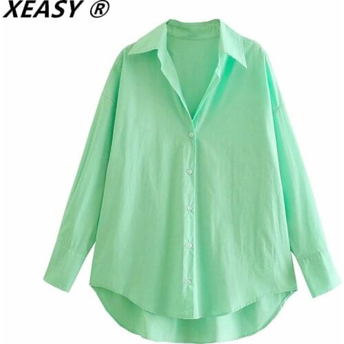 XEASY Women Casual Poplin Shirts Office Ladies Solid Color Long Sleeve Blouse Roupas Chic Cotton Chemise Tops