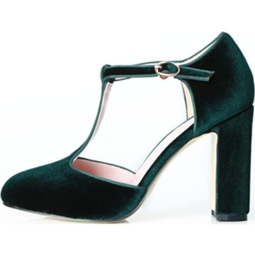 2019 Brand New Designer Shoes Elegant Mary Jane Ankle Strap T-tied High Block Heel Pumps Green Party Dress Shoes Woman