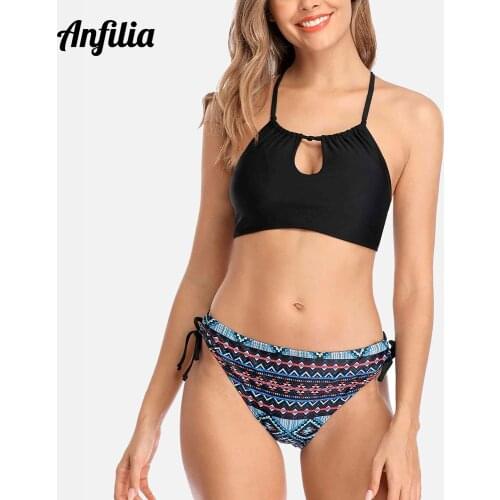 Anfilia Women High Neck Bikini Set Floral Print Swimsuit Back Bandage Swimwear Sexy Push Up Beachwear