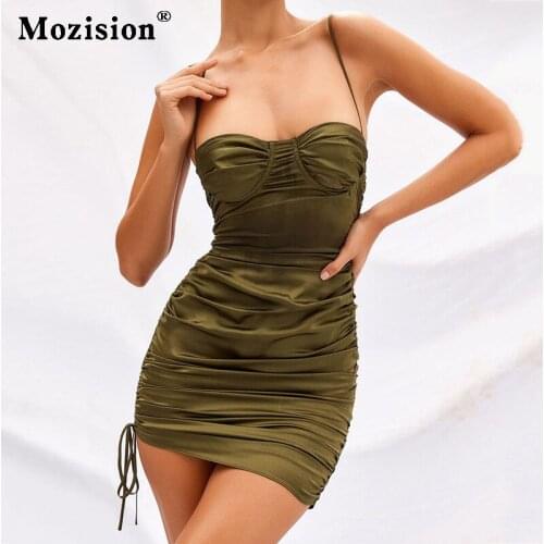 Mozision Satin Spaghetti Strap Backless Drawstring Ruched Dress For Women Sexy Bodycon Skinny Party Club Dress Vestidos Fashion