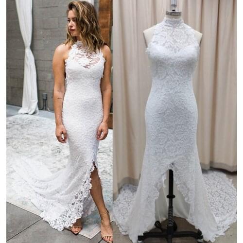 Fanweimei Wedding Dress Lace High Neck Mermaid Wedding Gown White Side Split Backless Long Bride Dress vestidos de novia