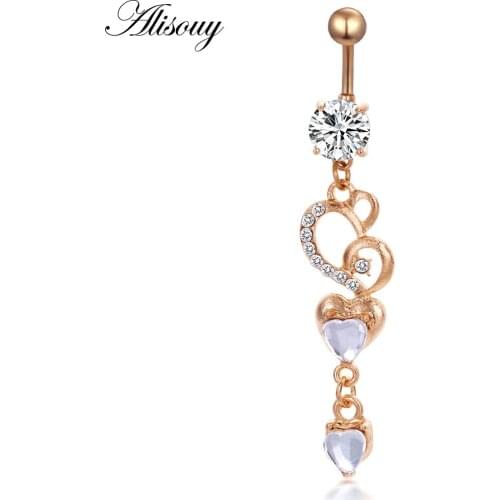 Alisouy 1pc cute Belly Button Ring Surgical Steel Gold Pendant Navel Piercing Love heart crystal CZ omblingo Belly Body Jewelry
