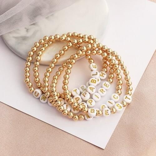 Gojomem Hand-made INS Inspirational Glod-plated Name Letter Customized Round Beads Elastic Bracelet For Women Girl Gifts Jewelry