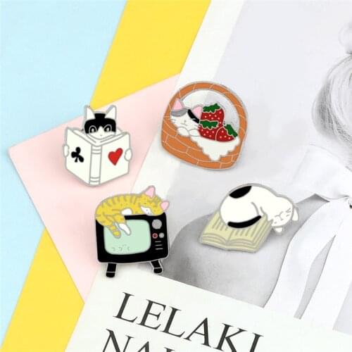 Lovely Animal Brooches Cartoon Basket Kitten TV Sleepping Study Reading Book Cat Badge Enamel Pins Bag Clothes Lapel Pin Jewelry