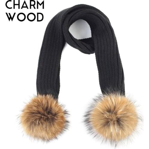 Kids Knitted Scarf with Double Raccoon Fur Pompom Boys and Girls Cashmere Plain Black Scarves Shawl Wrap Winter Warm Accessories