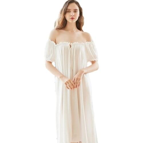 Hot Womens Long Sleeping Dress White Nightgown Short Sleeve Summer Nightdress Elegant Vintage Nightgowns Home Dress For Sleeping