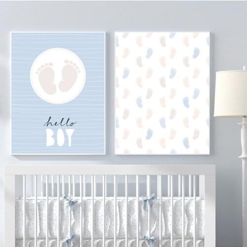 Cartoon Baby Feet Wall Art Hello Boy Canvas Painting Nursery Blue White Footprint Pictures and Posters Kids Room Home Decor