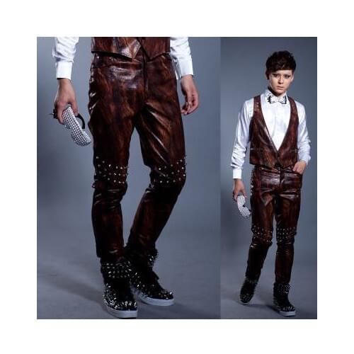 Brown Singer costumes PU faux leather pants for the mens 1 pants man stage trousers Motorcycles mens pants Provide custom