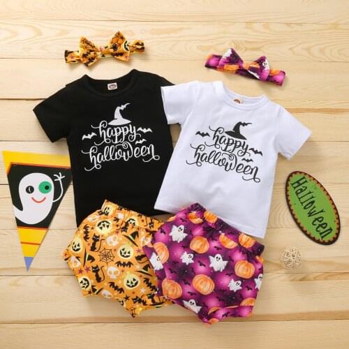 3 Pcs Infant Halloween Outfits, Baby Girls Letter & Bat Print Short Sleeve T-shirt + Cartoon Shorts + Bowknot Headband