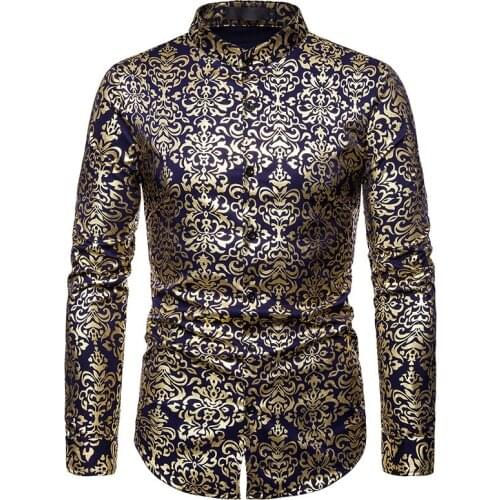 Floral Henley Shirt Men Camisas Hombre 2019 Fashion Slim Fit Mandarin Collar Shirt Mens Long Sleeve Dress Shirts Nightclub Shirt