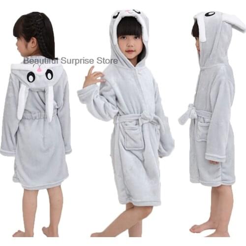 2021 New Children Girls Gray Robe Bathrobe Animal Kigurumi Soft Flannel Cute Robe Hooded Pajamas Baby Kids Warm Clothes Newest