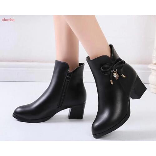New fashion Women Boots Black Leather Ankle Boots For Women Bow High Heel Boots Autumn Female Shoes Size 35-41 Botas