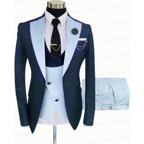 New Formal Navy Blue Men Suit 3 Pieces Slim Fit Business Blazer Groom Wedding Suit Tuxedo Jacket Sky Blue Vest with Pants Set