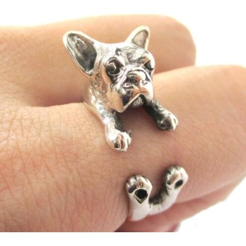 Wholesale Realistic Miniature Adjustable French Bulldog Dog Shaped Animal Wrap Around Ring