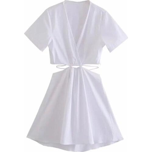 Sexy Hollow Out Bandage Dress Women Solid Short Sleeve V Neck Ruching Lace Up Mini Dresses Fashion Chic White Party Dress 2021