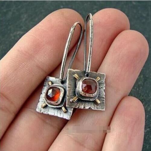 Vintage Square Shaped Dangle Earrings Red Stone Women Ear Accessory Fashion Jewelry