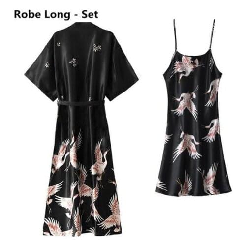 Women Nightgown Ice Silk Chinese Style Crane Print Half Sleeve Kimono Bathrobe Bride Bridesmaid Wedding Long Robe Non-suit