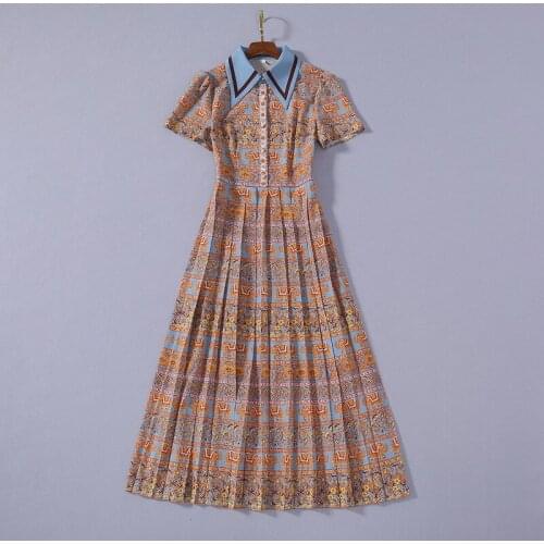 Womens European and American clothing 2021 summer new style Short sleeve lapel Retro print fashion pleated dress